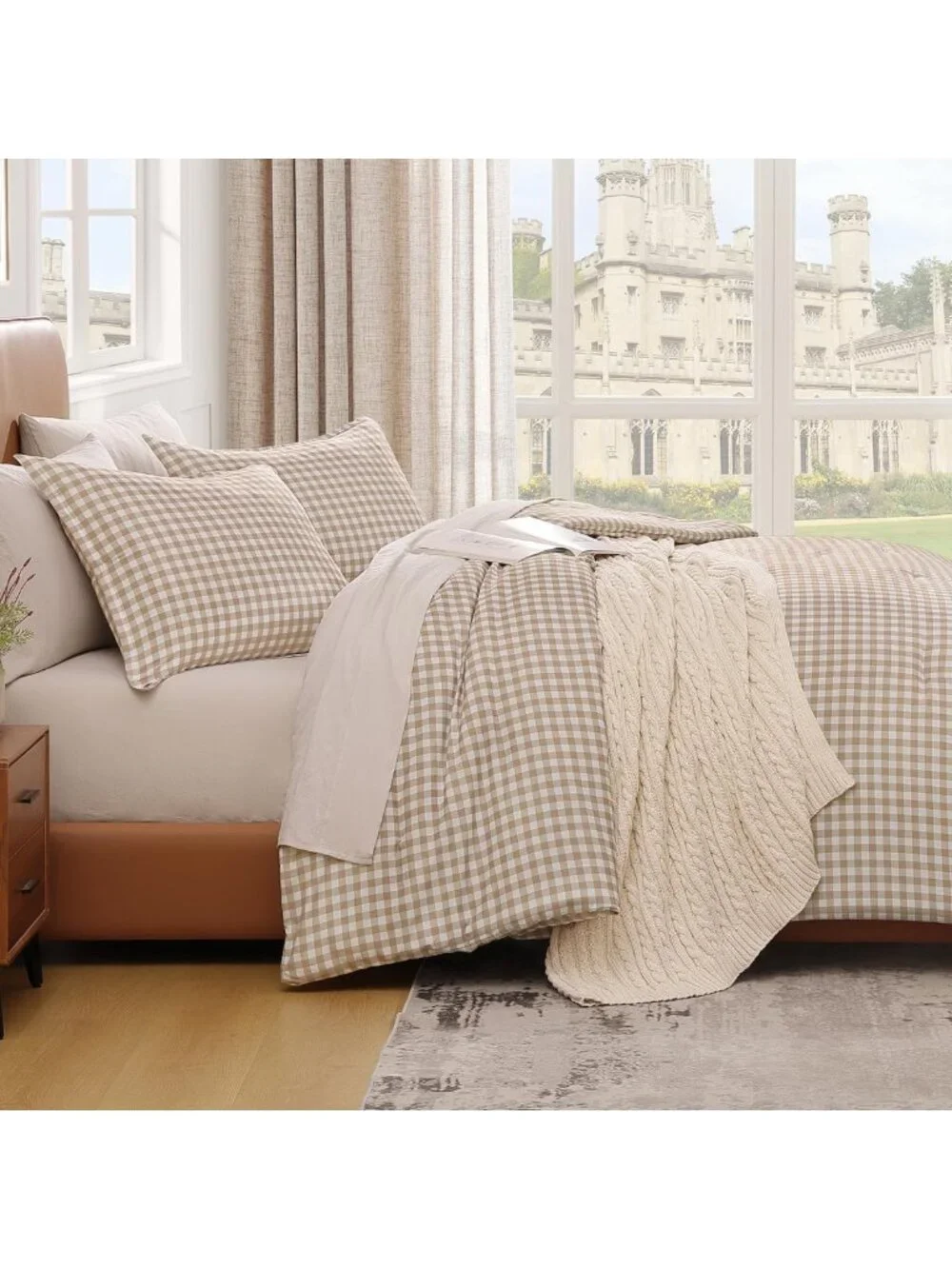 Cozy Tan Gingham Queen Comforter Set | Brown Checkered Plaid Bedding Essentials